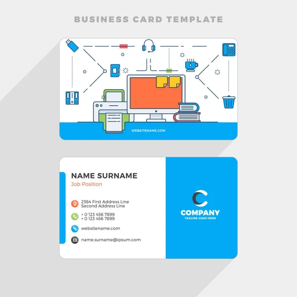 Modèle de carte de visite créative avec illustration en ligne plate. Espace de travail. Illustration vectorielle. Conception de papeterie — Image vectorielle