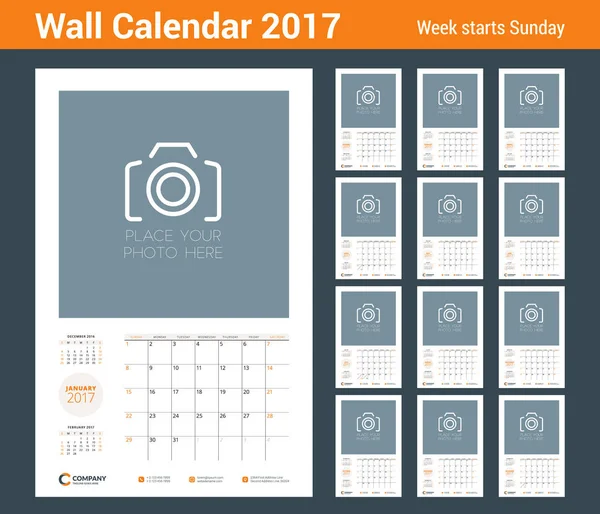 Plantilla de planificador de calendario de pared para 2017 Año. Plantilla de diseño de papelería vectorial. La semana comienza el domingo — Vector de stock