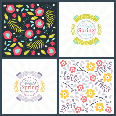 Bahar tatil tebrik kartı tasarımı. Vektör çiçek tebrik kartı veya poster. Çiçek desenli romantik etiketleri