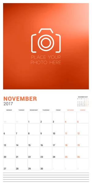 Plantilla de planificador de calendario de pared para noviembre de 2017. La semana empieza el lunes. Lugar para la foto. Diseño de Papelería. Ilustración vectorial — Vector de stock