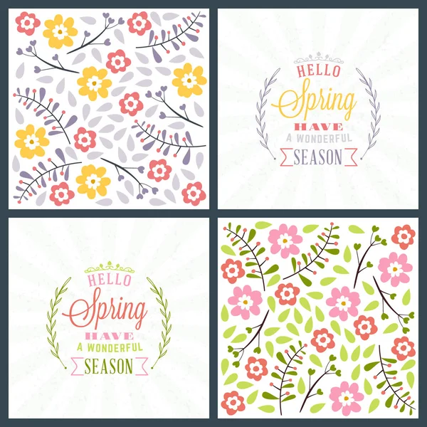 Design de cartão de saudação de férias primavera. Cartão ou cartaz de saudações florais vetoriais. Etiquetas românticas com padrão de flores —  Vetores de Stock