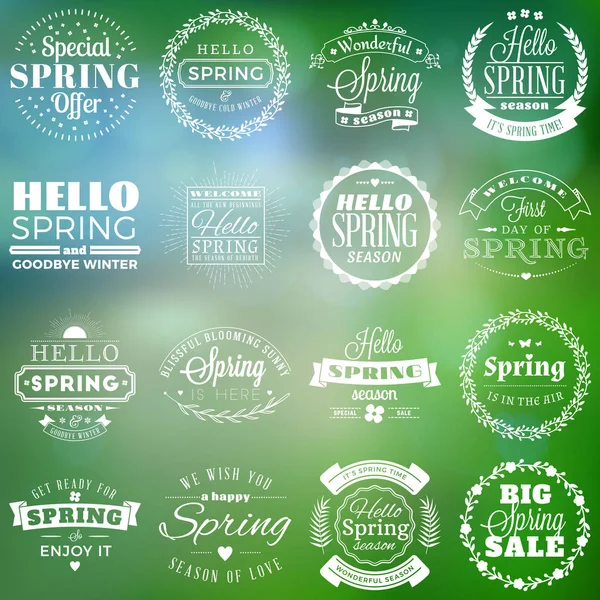 Primavera insignias tipográficas vintage. Ilustración vectorial. Blanco sobre fondo borroso verde. Hola Spring. Diseño de tarjeta de felicitación — Vector de stock