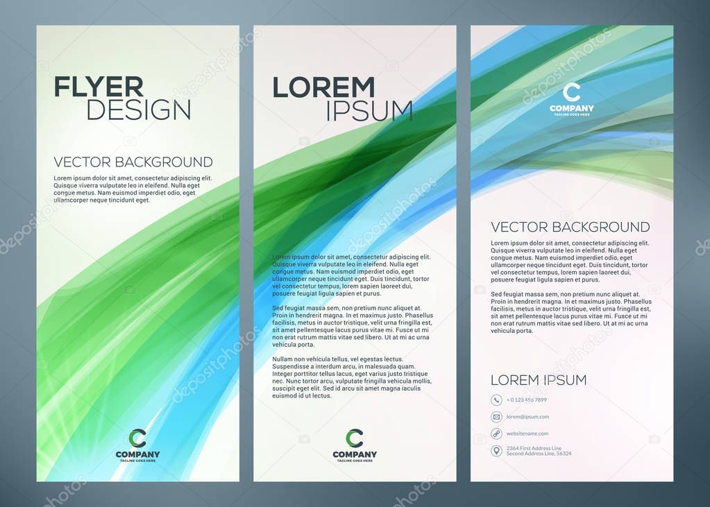 Vector business trifold brochure or banner template. Abstract green wave background. Vector illustration