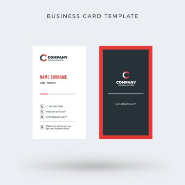 Modern yaratıcı dikey kırmızı kartvizit şablonu. Düz tasarım vektör çizim. İleti örneği tasarım