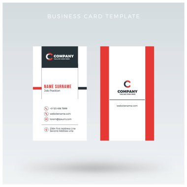 Modern yaratıcı dikey kırmızı kartvizit şablonu. Düz tasarım vektör çizim. İleti örneği tasarım
