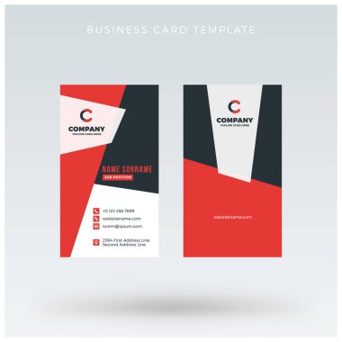 Modern yaratıcı dikey kırmızı kartvizit şablonu. Düz tasarım vektör çizim. İleti örneği tasarım