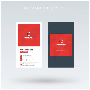 Modern yaratıcı dikey kırmızı kartvizit şablonu. Düz tasarım vektör çizim. İleti örneği tasarım