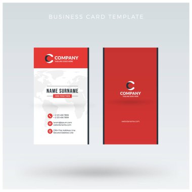 Modern yaratıcı dikey kırmızı kartvizit şablonu. Düz tasarım vektör çizim. İleti örneği tasarım