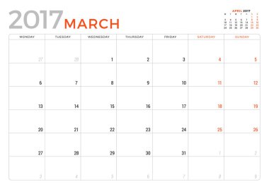Mart ayında 2017 yıl için takvim planlayıcısı. Vektör tasarım şablonu. Hafta başlıyor Pazartesi. İleti örneği tasarım