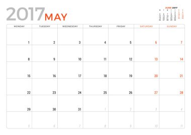 Mayıs 2017 yıl için takvim planlayıcısı. Vektör tasarım şablonu. Hafta başlıyor Pazartesi. İleti örneği tasarım
