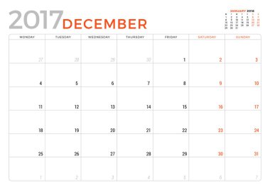 Aralık 2017 yıl için takvim planlayıcısı. Vektör tasarım şablonu. Hafta başlıyor Pazartesi. İleti örneği tasarım