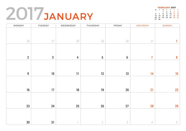 Calendário planejador para janeiro 2017 Ano. Modelo de Design de Vetor. A semana começa segunda-feira. Design de artigos de papelaria — Vetor de Stock
