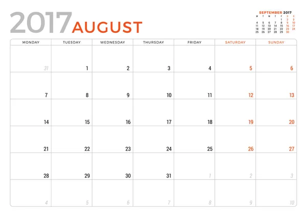 Kalendarz terminarz dla sierpnia 2017 roku. Wektor szablon projektu. Tydzień zaczyna się od poniedziałku. Projektowanie papeterii — Wektor stockowy