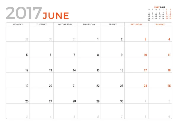 Планувальник календаря на червень 2017 року. Шаблон векторного дизайну. Тиждень починається з понеділка. канцелярського дизайну — стоковий вектор
