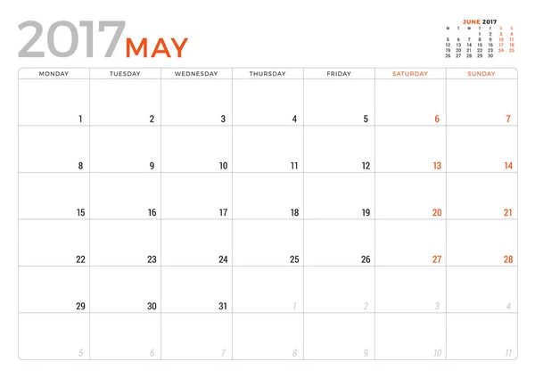 Планувальник календаря на травень 2017 року. Шаблон векторного дизайну. Тиждень починається з понеділка. канцелярського дизайну — стоковий вектор