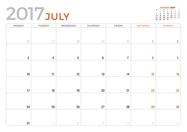 Planificador de calendario para julio 2017 Año. Plantilla de diseño vectorial. La semana empieza el lunes. Diseño de papelería — Archivo Imágenes Vectoriales