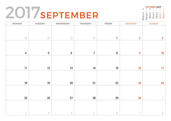 Kalender Planner för September 2017 år. Vector formgivningsmall. Veckan börjar måndag. Pappersvaror Design — Stock vektor