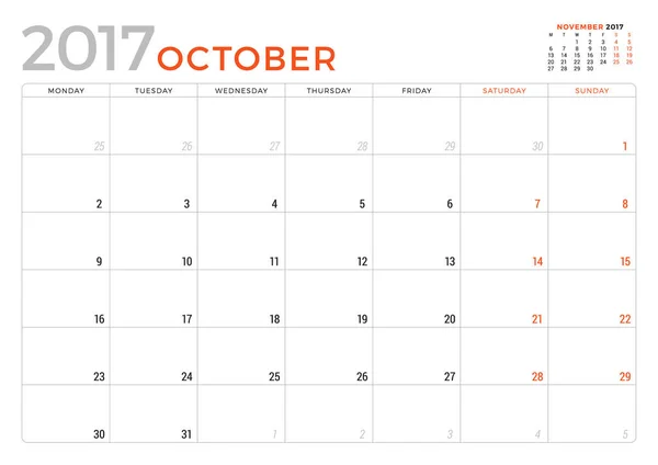 Calendário planejador para outubro 2017 Ano. Modelo de Design de Vetor. A semana começa segunda-feira. Design de artigos de papelaria — Vetor de Stock