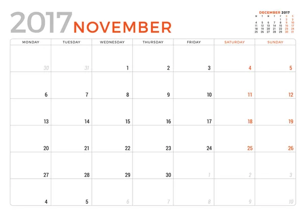 Agenda Planificateur pour novembre 2017 Année. Modèle de conception vectorielle. La semaine commence lundi. Conception de papeterie — Image vectorielle