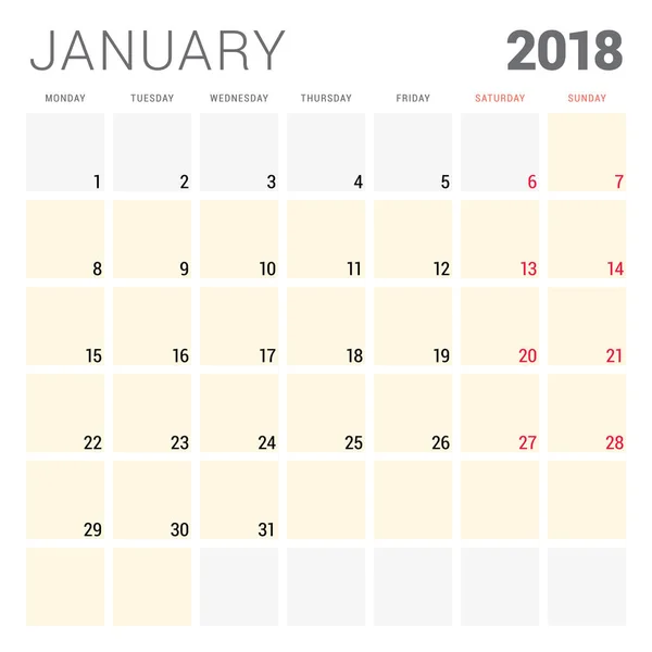 Kalenderplaner-Vektor-Design-Vorlage für 2018. Januar. Die Woche beginnt am Montag. Schreibwarendesign — Stockvektor