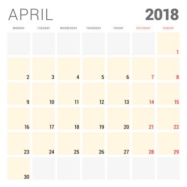 2018 takvim planlayıcısı vektör tasarım şablonu. Nisan. Hafta Pazartesi günü başlar. İleti örneği tasarım