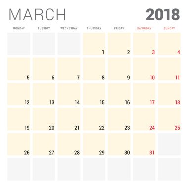 2018 takvim planlayıcısı vektör tasarım şablonu. Mart. Hafta Pazartesi günü başlar. İleti örneği tasarım