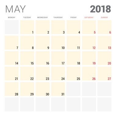 2018 takvim planlayıcısı vektör tasarım şablonu. Olabilir. Hafta Pazartesi günü başlar. İleti örneği tasarım