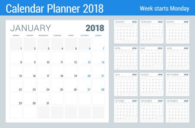 2018 takvim planlayıcısı vektör tasarım şablonu. 12 ay kümesi. Hafta Pazartesi günü başlar. İleti örneği tasarım