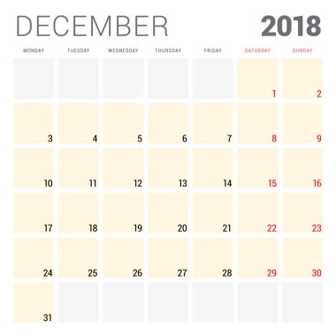 2018 takvim planlayıcısı vektör tasarım şablonu. Aralık. Hafta Pazartesi günü başlar. İleti örneği tasarım
