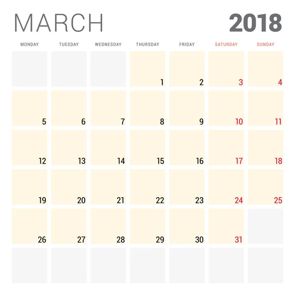 2018 modelo de design vetorial planejador calendário. Março. A semana começa na segunda. Desenho de papelaria —  Vetores de Stock