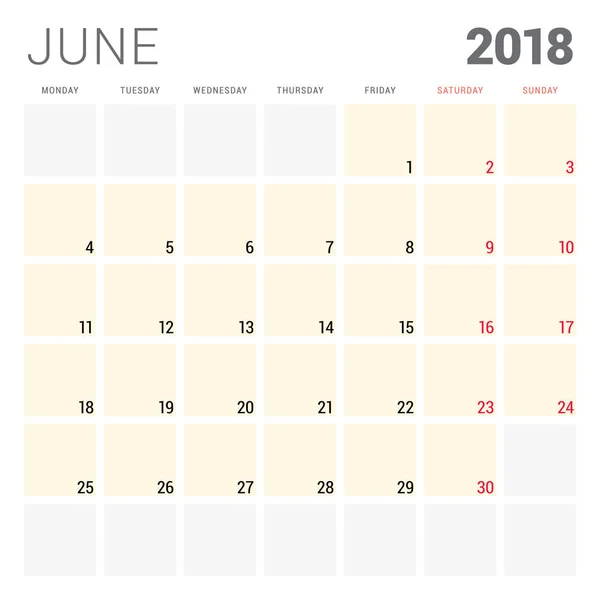 2018 планування календаря векторний шаблон дизайну. Червень. Тиждень починається в понеділок. Дизайн канцелярського приладдя — стоковий вектор