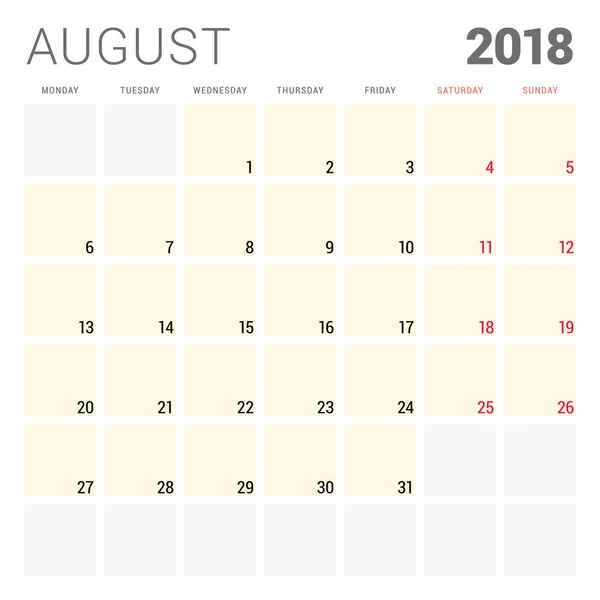 2018 modelo de design vetorial planejador calendário. Agosto. A semana começa na segunda. Desenho de papelaria —  Vetores de Stock