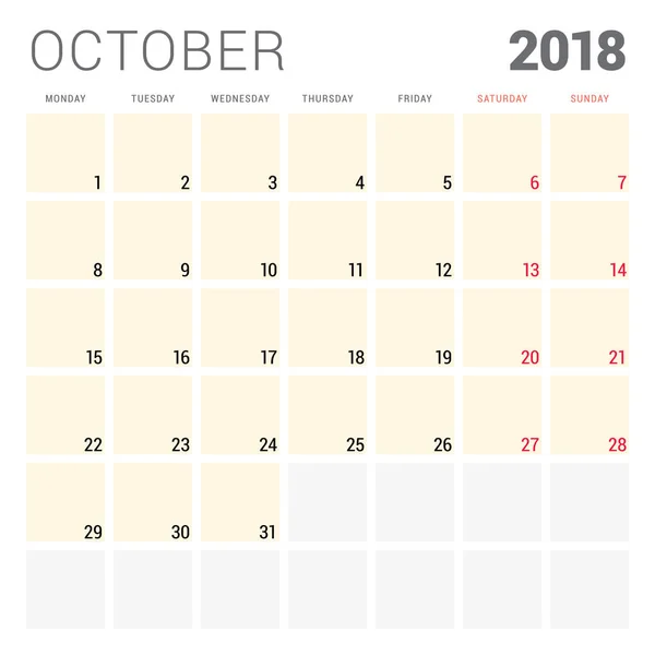 2018 kalender planner vektor formgivningsmall. Oktober. Veckan börjar på måndag. Pappersvaror design — Stock vektor