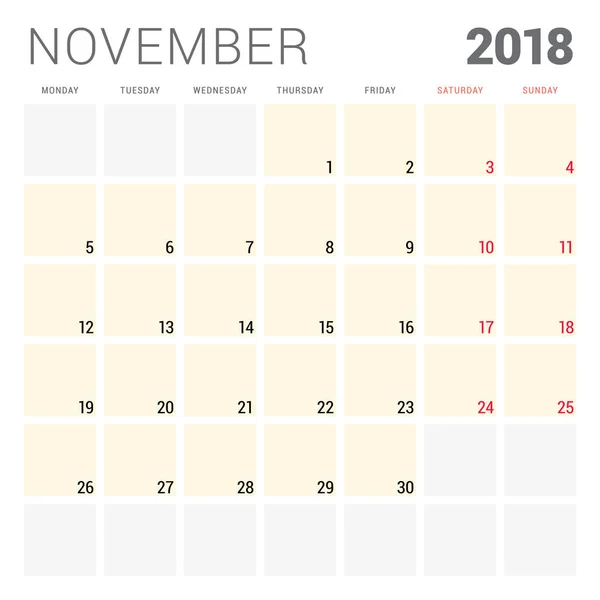 2018 일정 플래너 벡터 디자인 서식 파일입니다. 11 월입니다. 주는 월요일에 시작합니다. 편지지 디자인 — 스톡 벡터