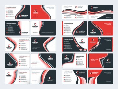 Çift taraflı kartvizit vektör şablonları koleksiyonu. İleti örneği tasarım vektör kümesi