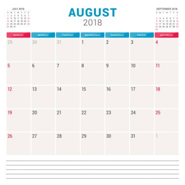 Ağustos 2018. Takvim planlayıcısı vektör tasarım şablonu. Hafta Pazar günü başlar. İleti örneği tasarım