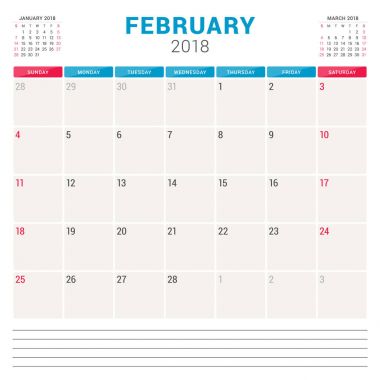 Şubat 2018. Takvim planlayıcısı vektör tasarım şablonu. Hafta Pazar günü başlar. İleti örneği tasarım