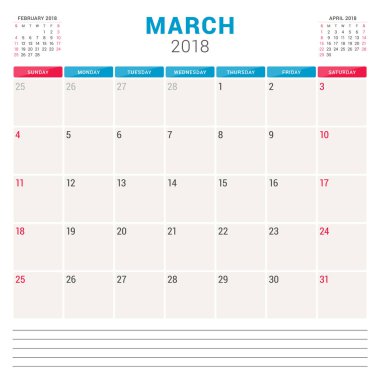 Mart 2018. Takvim planlayıcısı vektör tasarım şablonu. Hafta Pazar günü başlar. İleti örneği tasarım