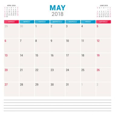 Mayıs 2018. Takvim planlayıcısı vektör tasarım şablonu. Hafta Pazar günü başlar. İleti örneği tasarım