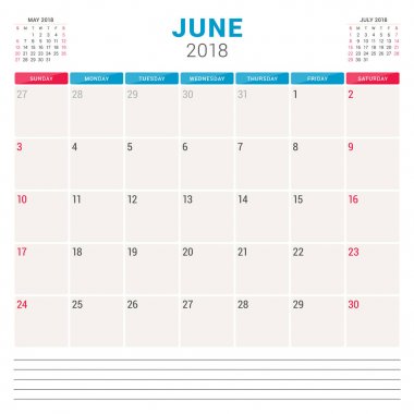 Haziran 2018. Takvim planlayıcısı vektör tasarım şablonu. Hafta Pazar günü başlar. İleti örneği tasarım
