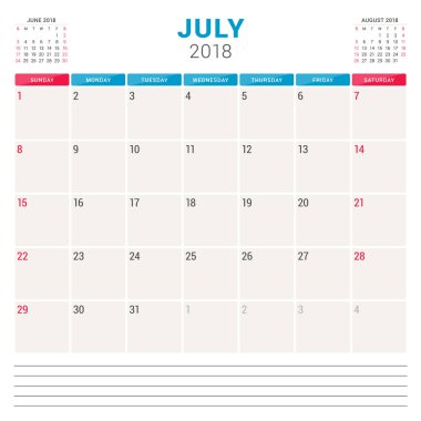 Temmuz 2018. Takvim planlayıcısı vektör tasarım şablonu. Hafta Pazar günü başlar. İleti örneği tasarım