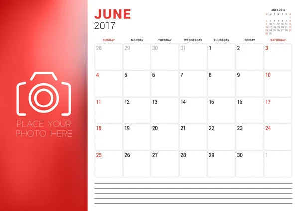 Szablon kalendarza do czerwca 2017 r. Rozpoczyna się tydzień niedziela. Miejsce na zdjęcie. Projektowanie papeterii. Ilustracja wektorowa — Wektor stockowy