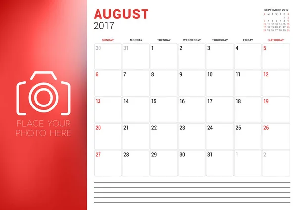 Modèle de calendrier pour août 2017. La semaine commence dimanche. Place à la photo. Papeterie Design. Illustration vectorielle — Image vectorielle