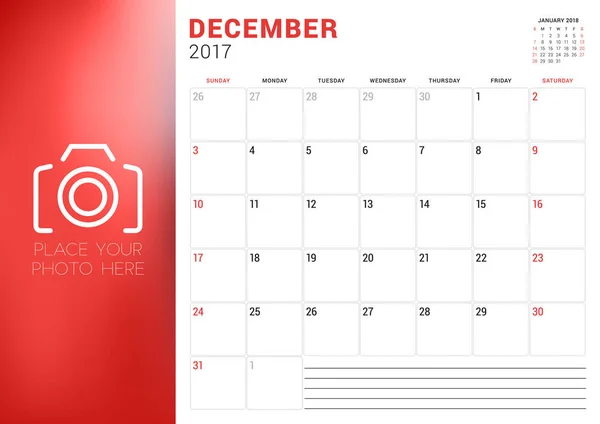 Szablon kalendarza dla grudnia 2017 r. Rozpoczyna się tydzień niedziela. Miejsce na zdjęcie. Projektowanie papeterii. Ilustracja wektorowa — Wektor stockowy