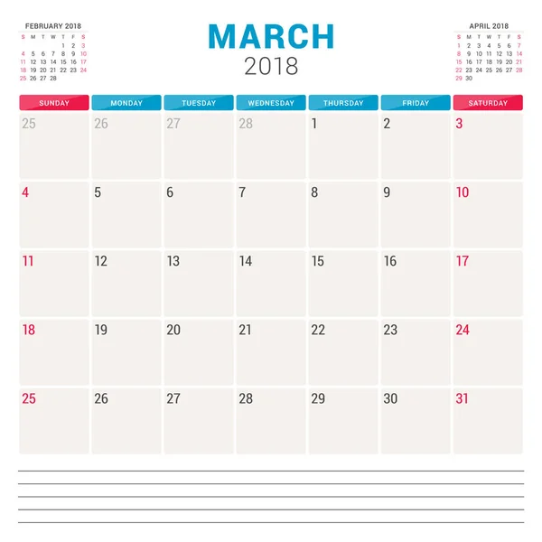 March 2018. Calendar planner vector design template. Week starts on Sunday. Stationery design — Stock Vector