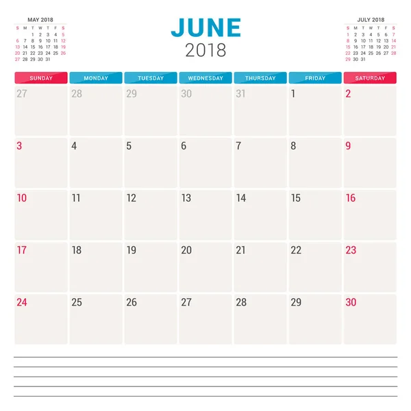 Junio de 2018. Plantilla de diseño de vectores de calendario. La semana comienza el domingo. Diseño de papelería — Archivo Imágenes Vectoriales