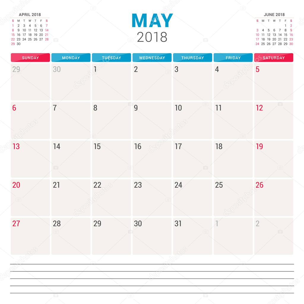 May 2018. Calendar planner vector design template. Week starts on Sunday. Stationery design