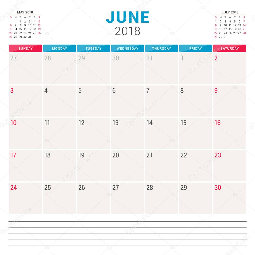 June 2018. Calendar planner vector design template. Week starts on Sunday. Stationery design