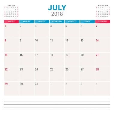 Temmuz 2018. Takvim planlayıcısı vektör tasarım şablonu. Hafta Pazar günü başlar. İleti örneği tasarım