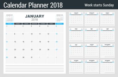 2018 yıl için takvim planlayıcısı. 12 ay kümesi. Vektör tasarım şablonu. Hafta Pazar günü başlar. İleti örneği tasarım